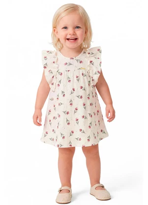 Colorittá - Vestido Infantil Menina Floral Canelado Bege - COLORITTÁ