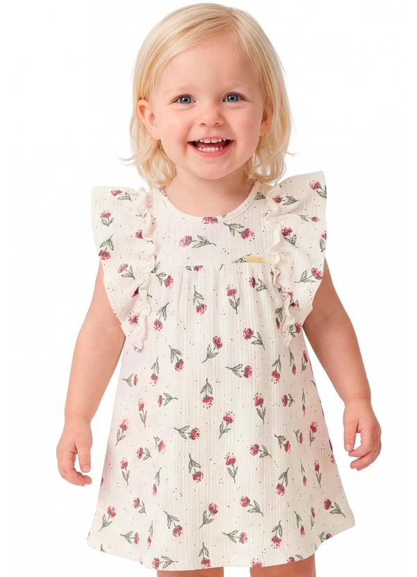 Colorittá - Vestido Infantil Menina Floral Canelado Bege