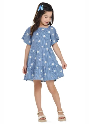 Elian - Vestido Infantil Menina Floral Listras Azul - ELIAN