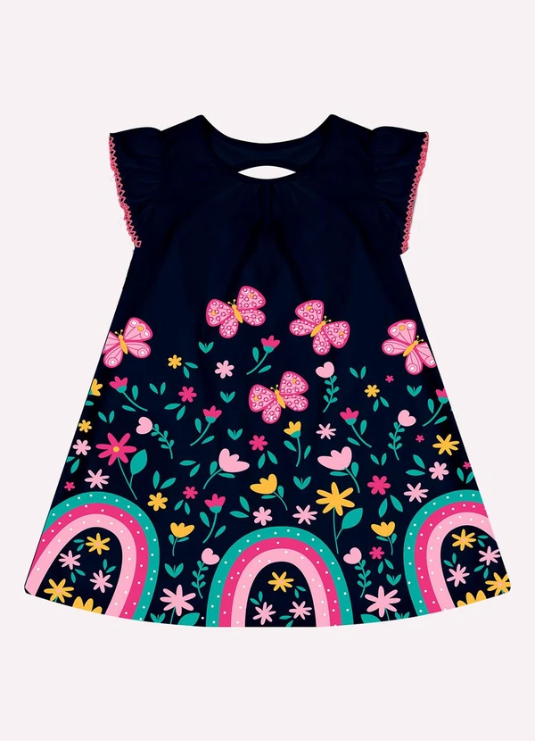Kyly - Vestido Infantil Menina Flores Azul Marinho