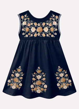 Milon - Vestido Infantil Menina Flores Azul Marinho - MILON