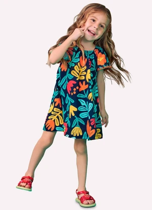 Nanai - Vestido Infantil Menina Flores Azul Marinho - NANAI