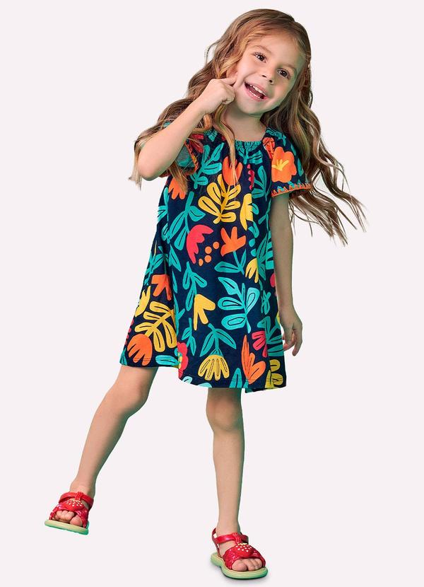 Nanai - Vestido Infantil Menina Flores Azul Marinho