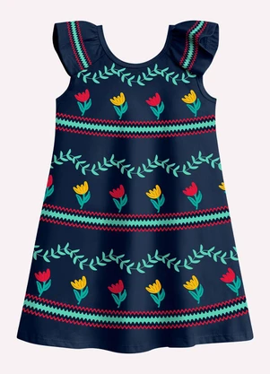 Nanai - Vestido Infantil Menina Flores Azul Marinho - NANAI