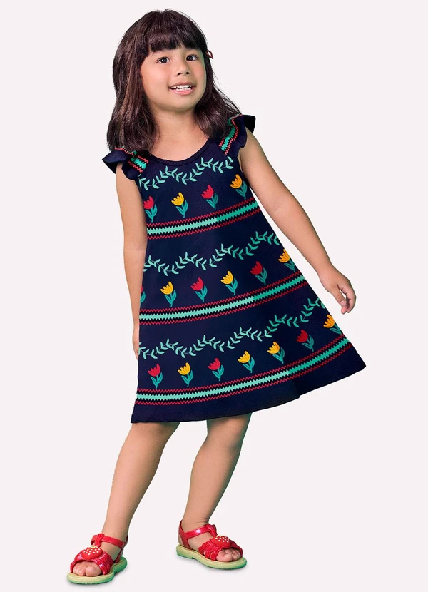 Nanai - Vestido Infantil Menina Flores Azul Marinho