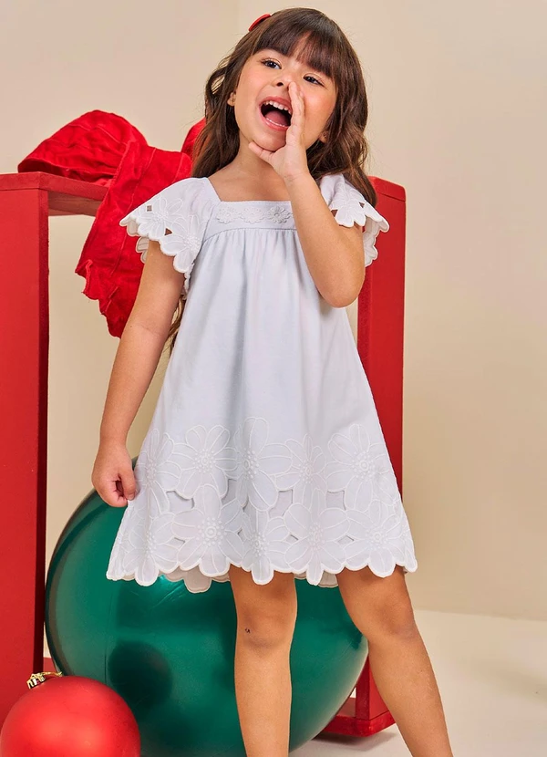 Nanai - Vestido Infantil Menina Flores Branco
