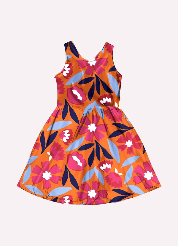 Kyly - Vestido Infantil Menina Flores Laranja