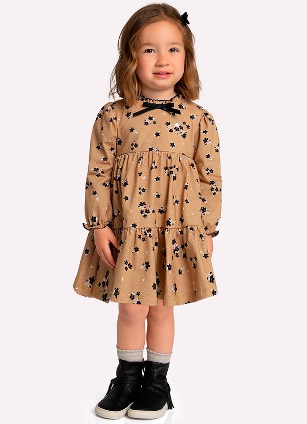 Milon - Vestido Infantil Menina Flores Marrom