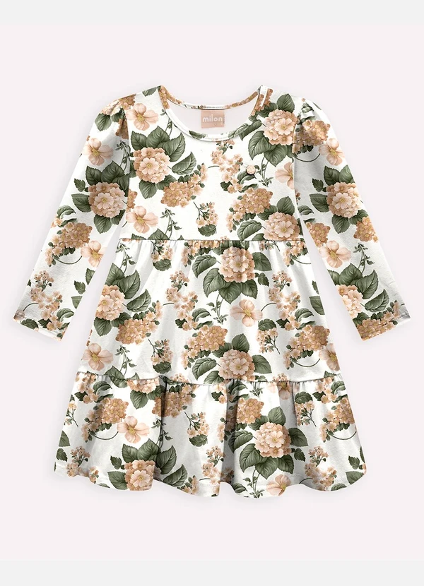 Milon - Vestido Infantil Menina Flores Off White