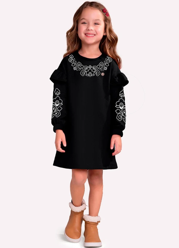 Milon - Vestido Infantil Menina Flores Preto