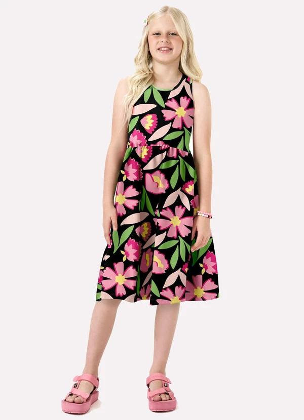 Kyly - Vestido Infantil Menina Flores Preto