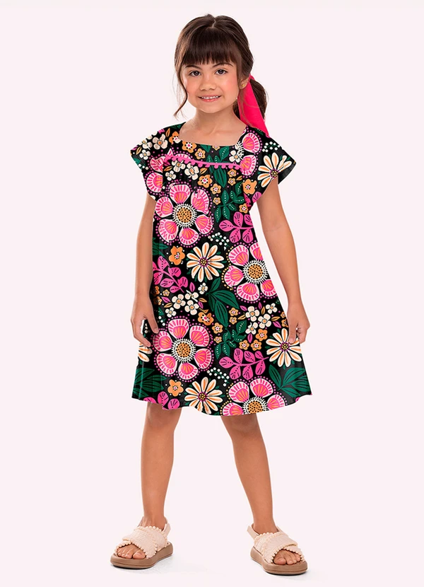 Nanai - Vestido Infantil Menina Flores Preto