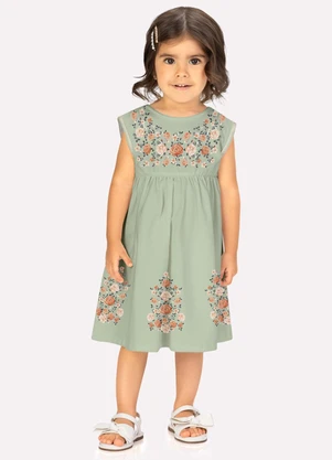 Milon - Vestido Infantil Menina Flores Verde - MILON
