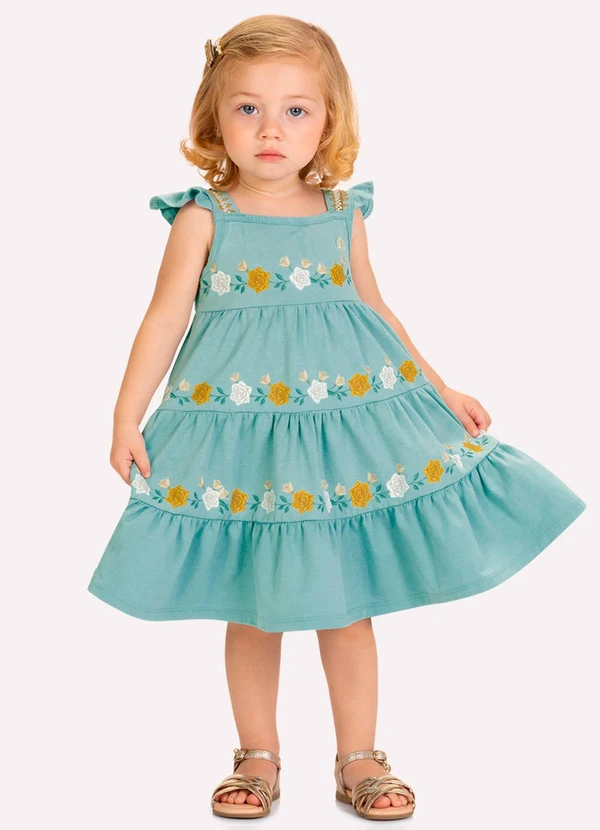 Milon - Vestido Infantil Menina Flores Verde