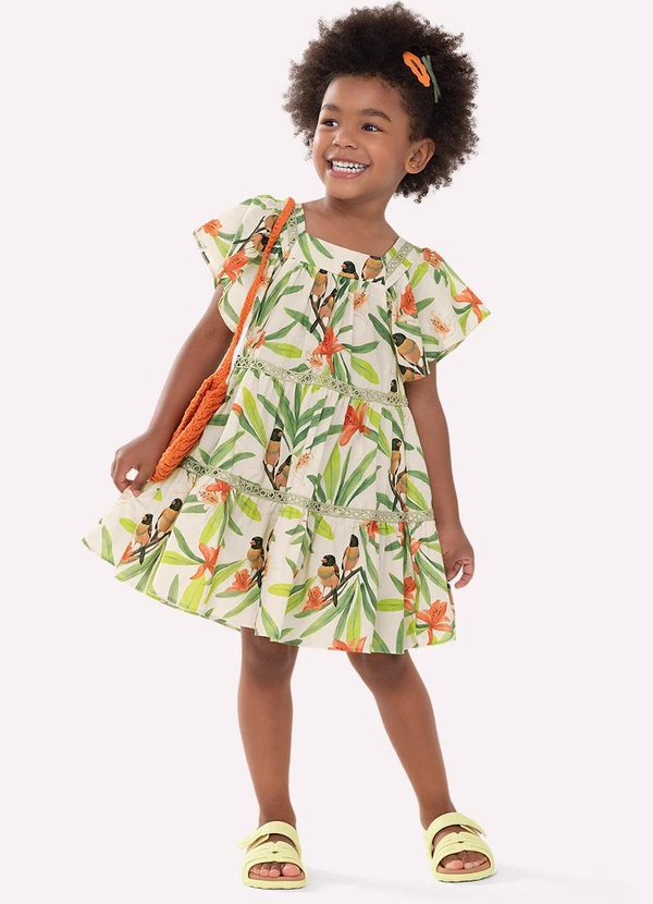 Nanai - Vestido Infantil Menina Folhagem Bege