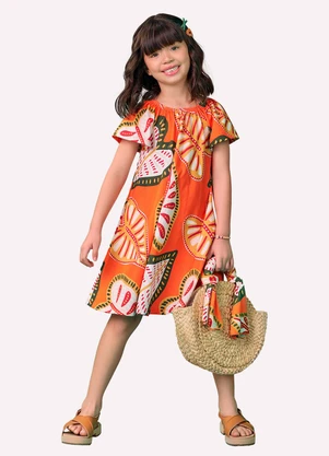 Nanai - Vestido Infantil Menina Folhagem Laranja - NANAI