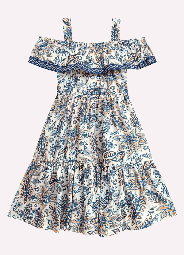 Nanai - Vestido Infantil Menina Folhagem Off White