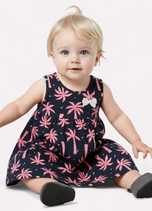 Kyly - Vestido Infantil Menina Folhagens Azul Marinho - KYLY