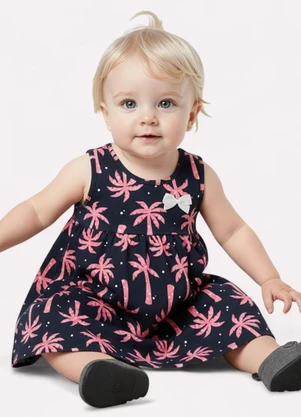 Kyly - Vestido Infantil Menina Folhagens Azul Marinho - KYLY