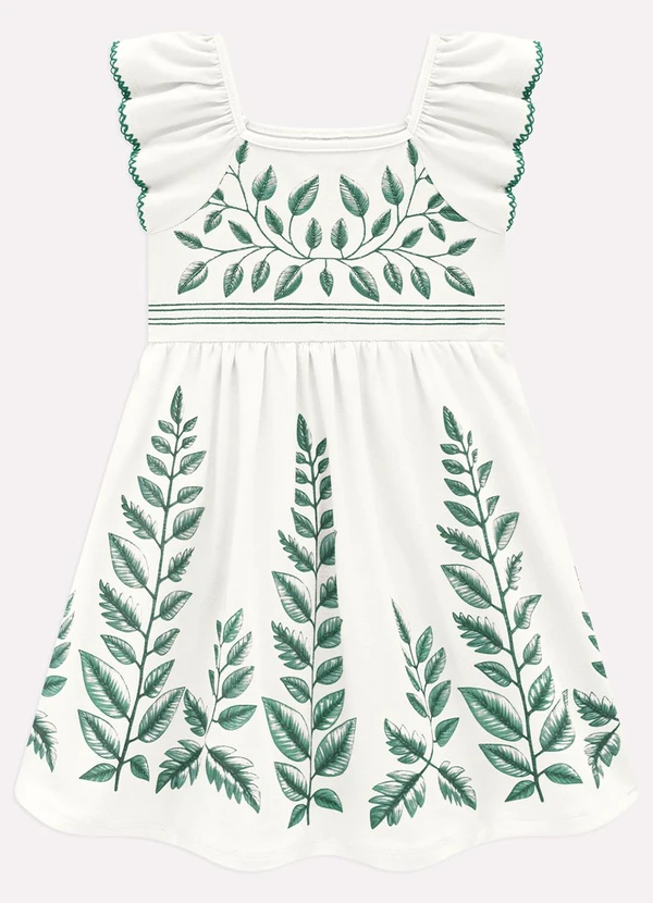 Milon - Vestido Infantil Menina Folhagens Branco