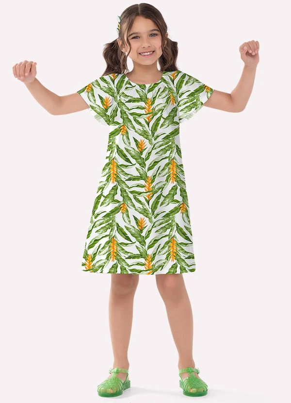 Nanai - Vestido Infantil Menina Folhas Branco