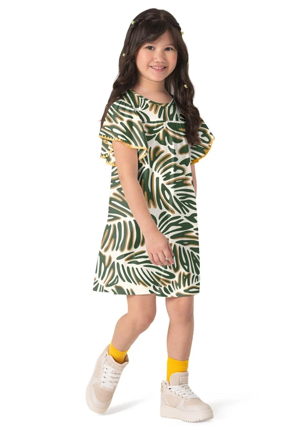 Nanai - Vestido Infantil Menina Folhas Off White