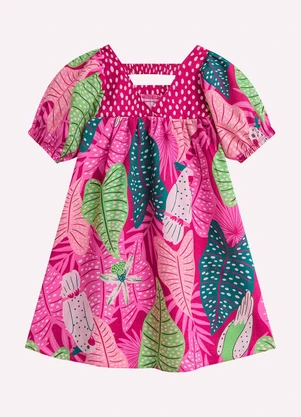 Nanai - Vestido Infantil Menina Folhas Rosa - NANAI