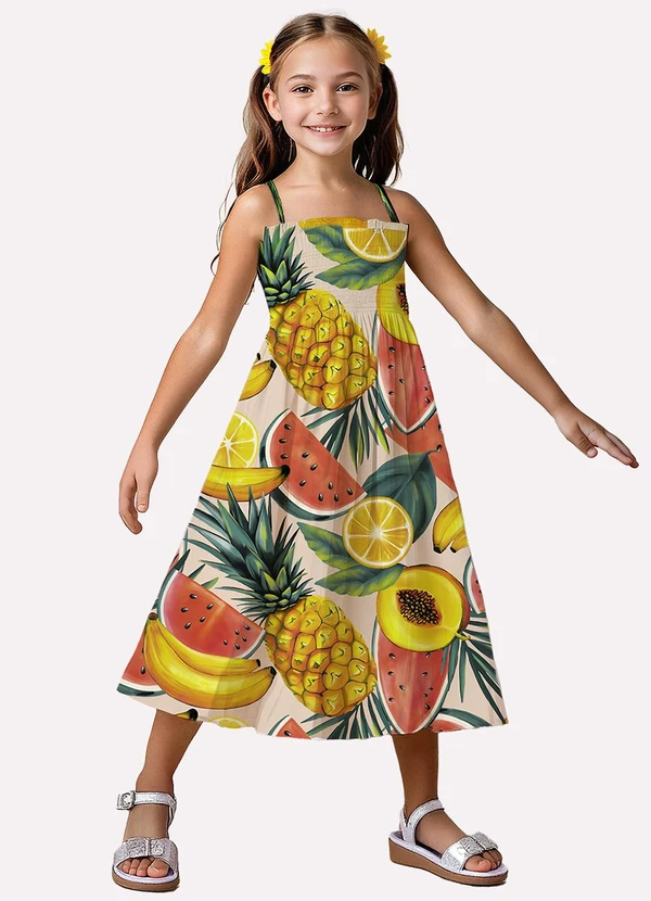 Kyly - Vestido Infantil Menina Frutas Bege
