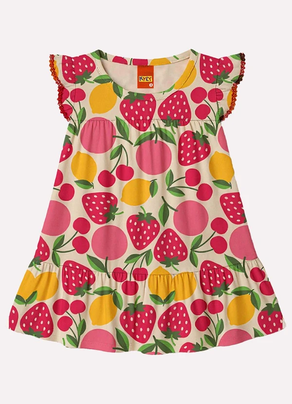 Kyly - Vestido Infantil Menina Frutas Bege