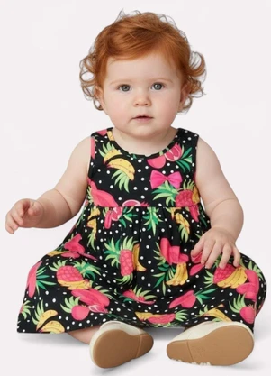 Kyly - Vestido Infantil Menina Frutas Preto - KYLY
