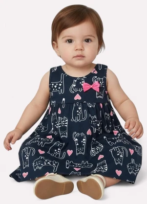 Kyly - Vestido Infantil Menina Gatinho Azul Marinho - KYLY