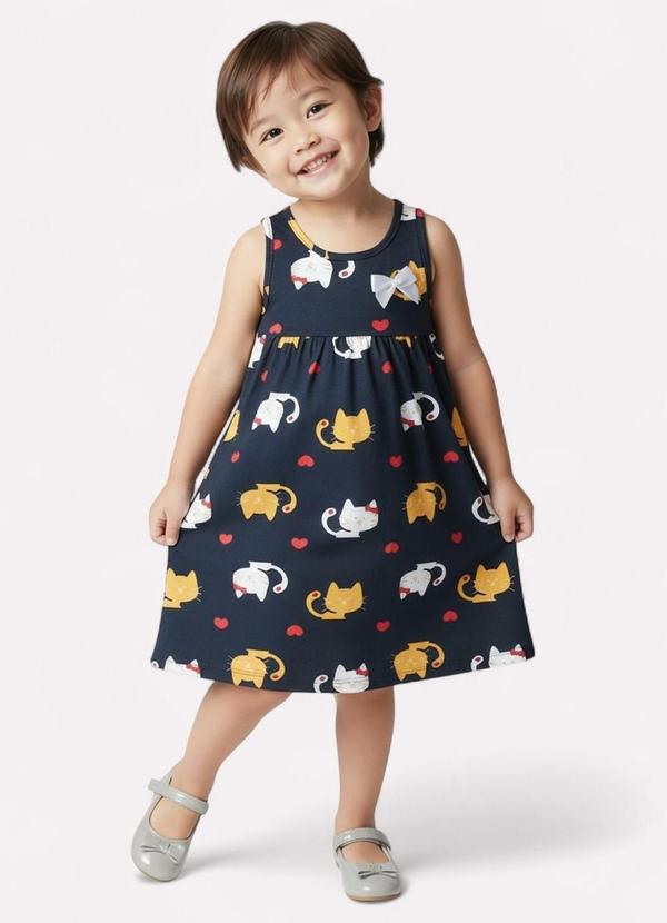 Kyly - Vestido Infantil Menina Gatinho Azul Marinho