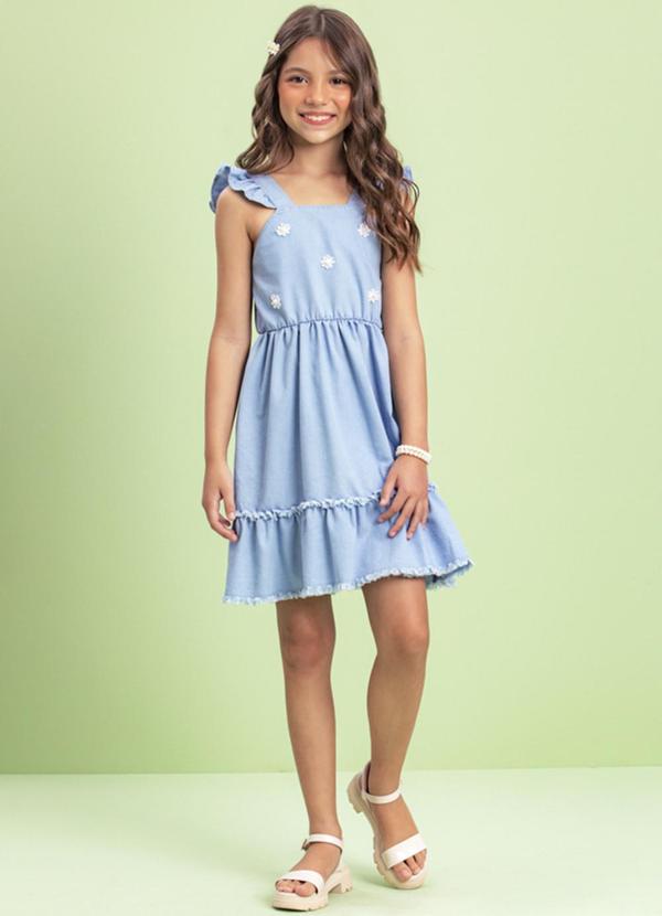 Milli e Nina - Vestido Infantil Menina Jeans Leve Flores Azul