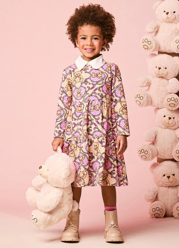 Momi - Vestido Infantil Menina Manga Longa de Ursinha Cow