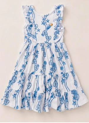 Vida Costeira - Vestido Infantil Menina Midi Estampado com Babados - VIDA COSTEIRA