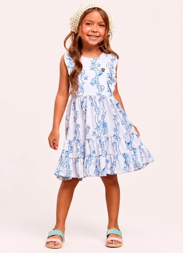 Vida Costeira - Vestido Infantil Menina Midi Estampado com Babados