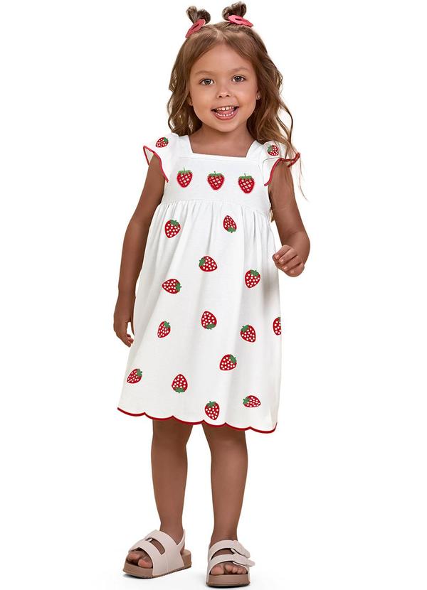 Nanai - Vestido Infantil Menina Morangos Branco