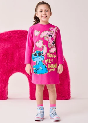 Bimbi - Vestido Infantil Menina Ohana Stitch Disney Rosa - BIMBI