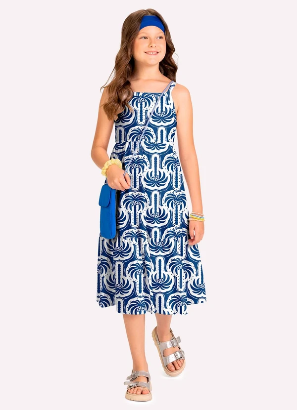 Kyly - Vestido Infantil Menina Palmeiras Azul