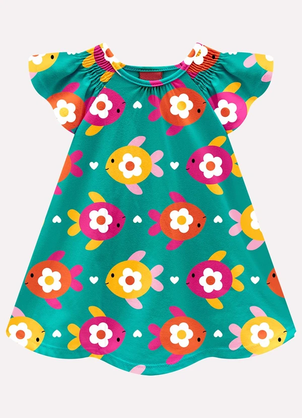 Kyly - Vestido Infantil Menina Peixes Verde