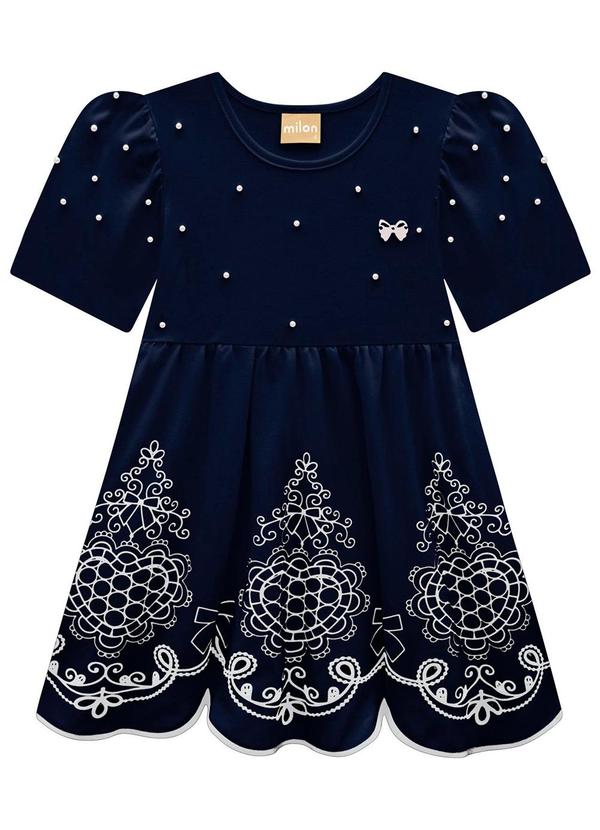 Milon - Vestido Infantil Menina Pérolas Azul Marinho