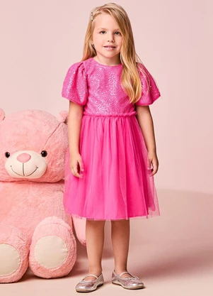 Momi - Vestido Infantil Menina Pink em Tule com Paetê - MOMI