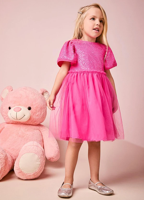 Momi - Vestido Infantil Menina Pink em Tule com Paetê