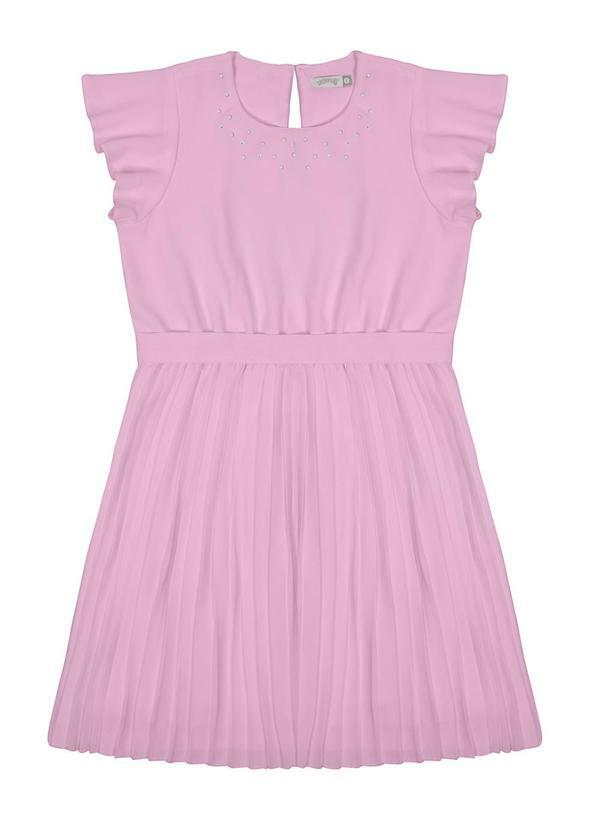 Alakazoo - Vestido Infantil Menina Plissado com Strass Rosa