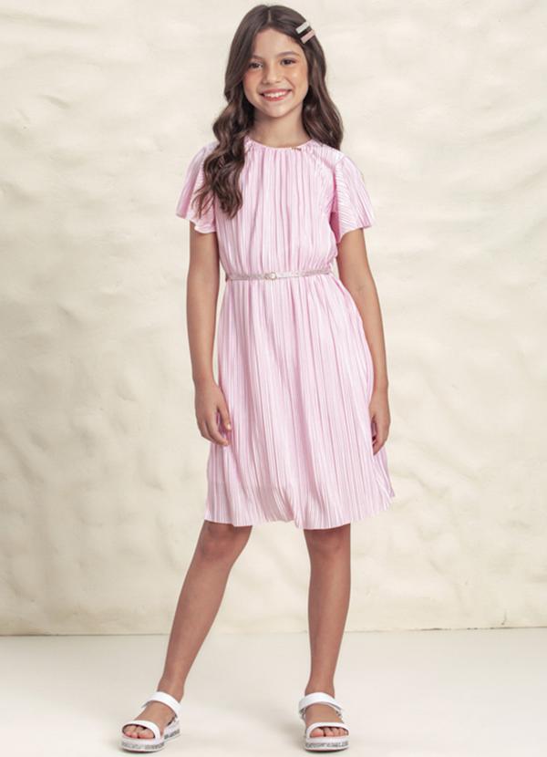 Milli e Nina - Vestido Infantil Menina Tecido Plissado Rosa