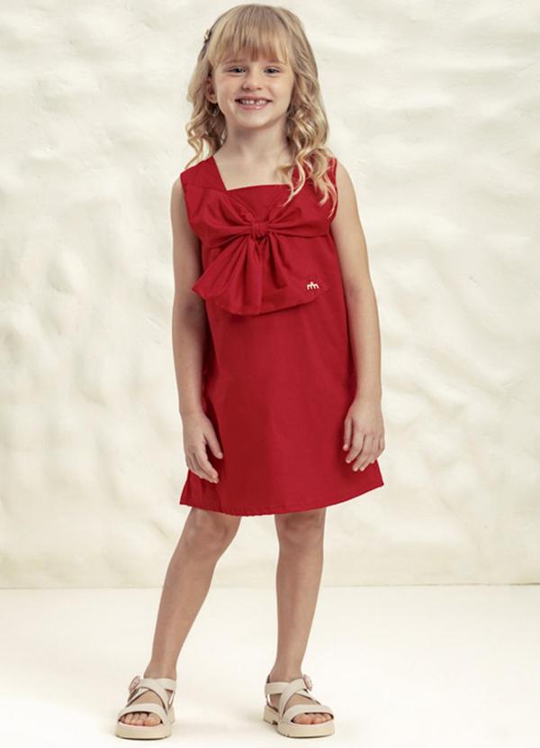 Milli e Nina - Vestido Infantil Menina Tricoline Laço Vermelho