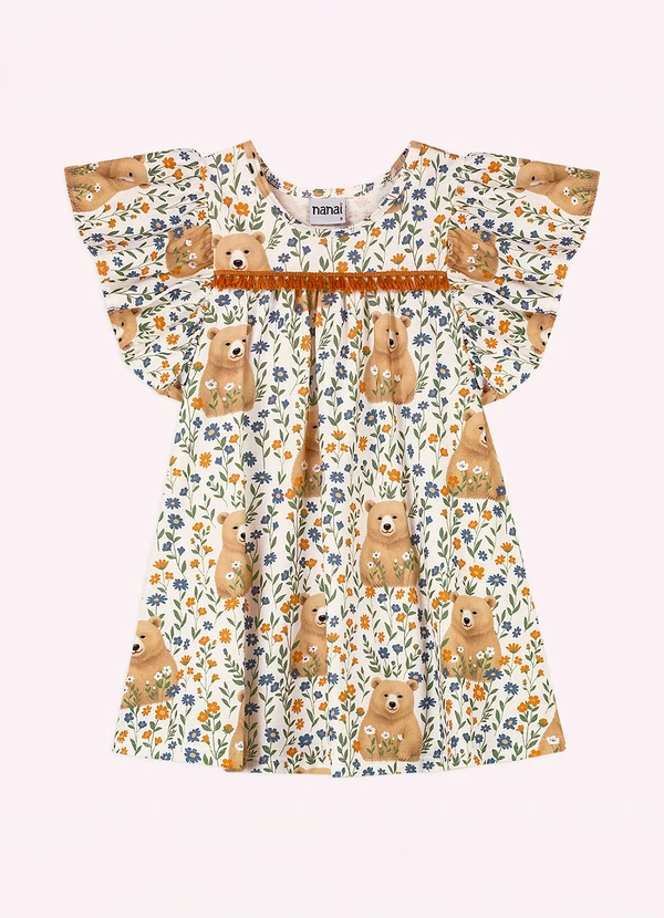 Nanai - Vestido Infantil Menina Ursinhos Branco