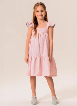Bugbee - Vestido Infantil Midi em Tecido Listrado Rosa - BUGBEE