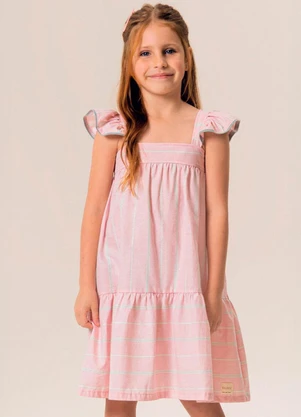 Bugbee - Vestido Infantil Midi em Tecido Listrado Rosa - BUGBEE