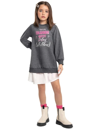 Quimby - Vestido Infantil Moletom Manga Longa Cinza - QUIMBY